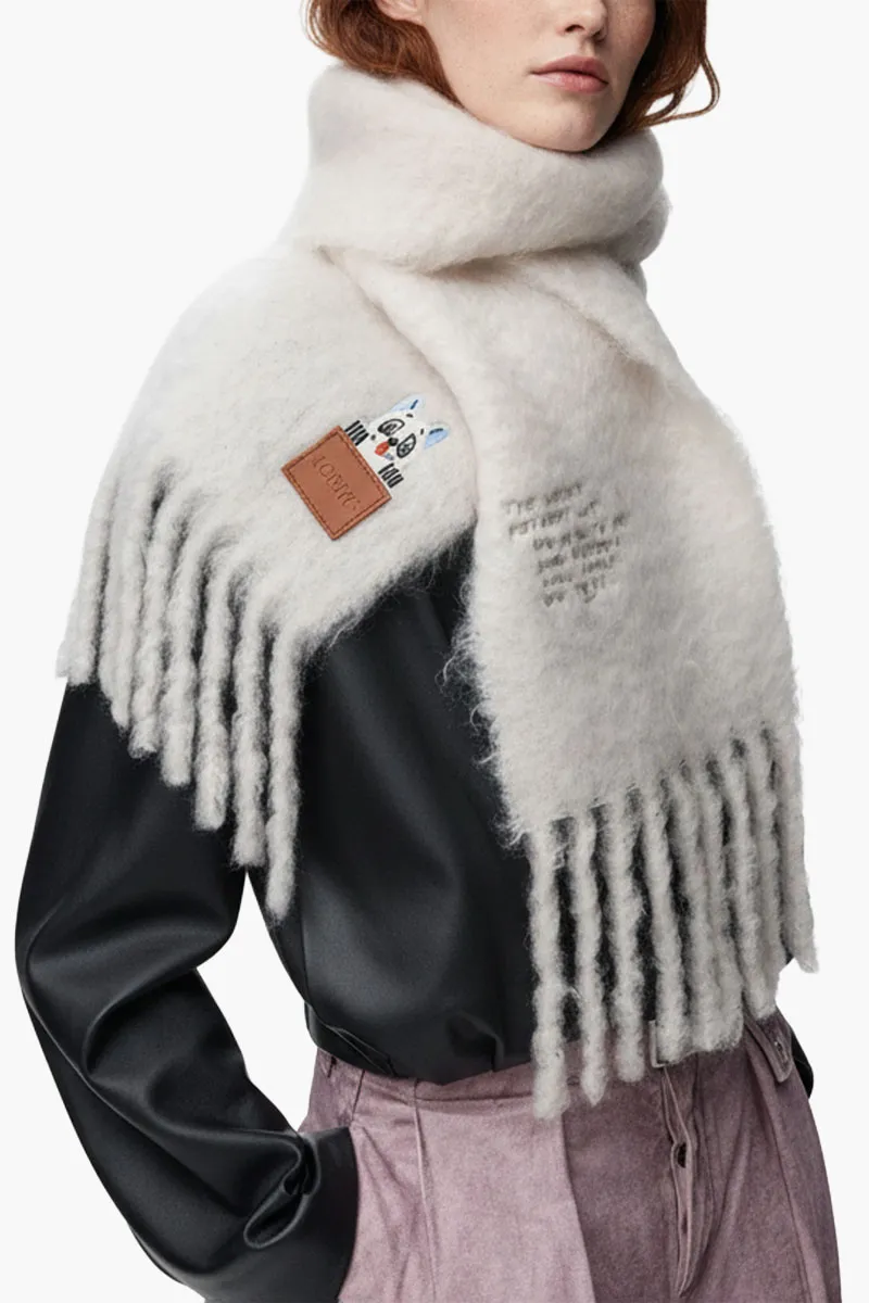 LOEWE Mohair and Wool Scarf in White with Embossed Futurist Cat  2
