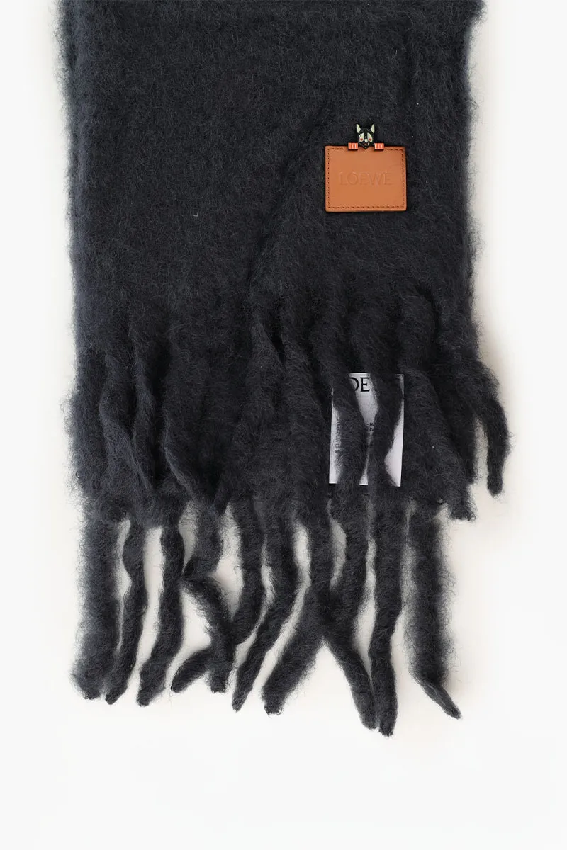 LOEWE Mohain and Wool Scarf in Black with Enamel and Brass Futursit Cat Brooch 1