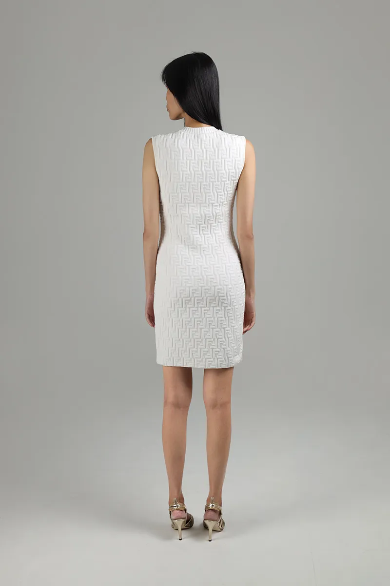FENDI Women FF Embossed Sleeveless Knit Dress in White Viscose 1