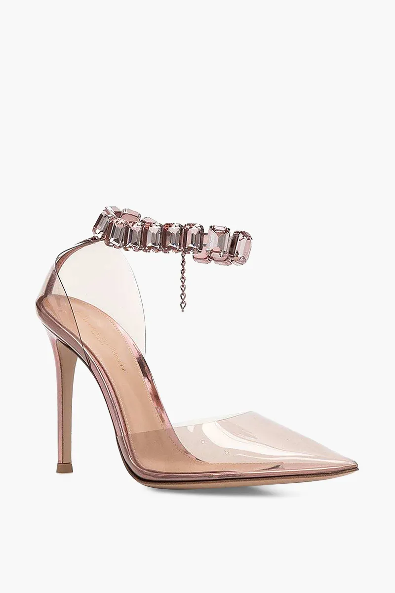 GIANVITO ROSSI Women Plexi Ankle Strap Pumps 105mm in Peach with Crystals 1