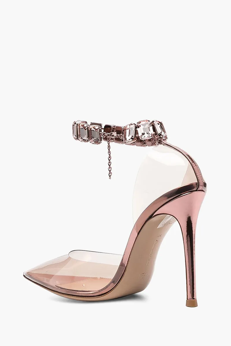 GIANVITO ROSSI Women Plexi Ankle Strap Pumps 105mm in Peach with Crystals 2