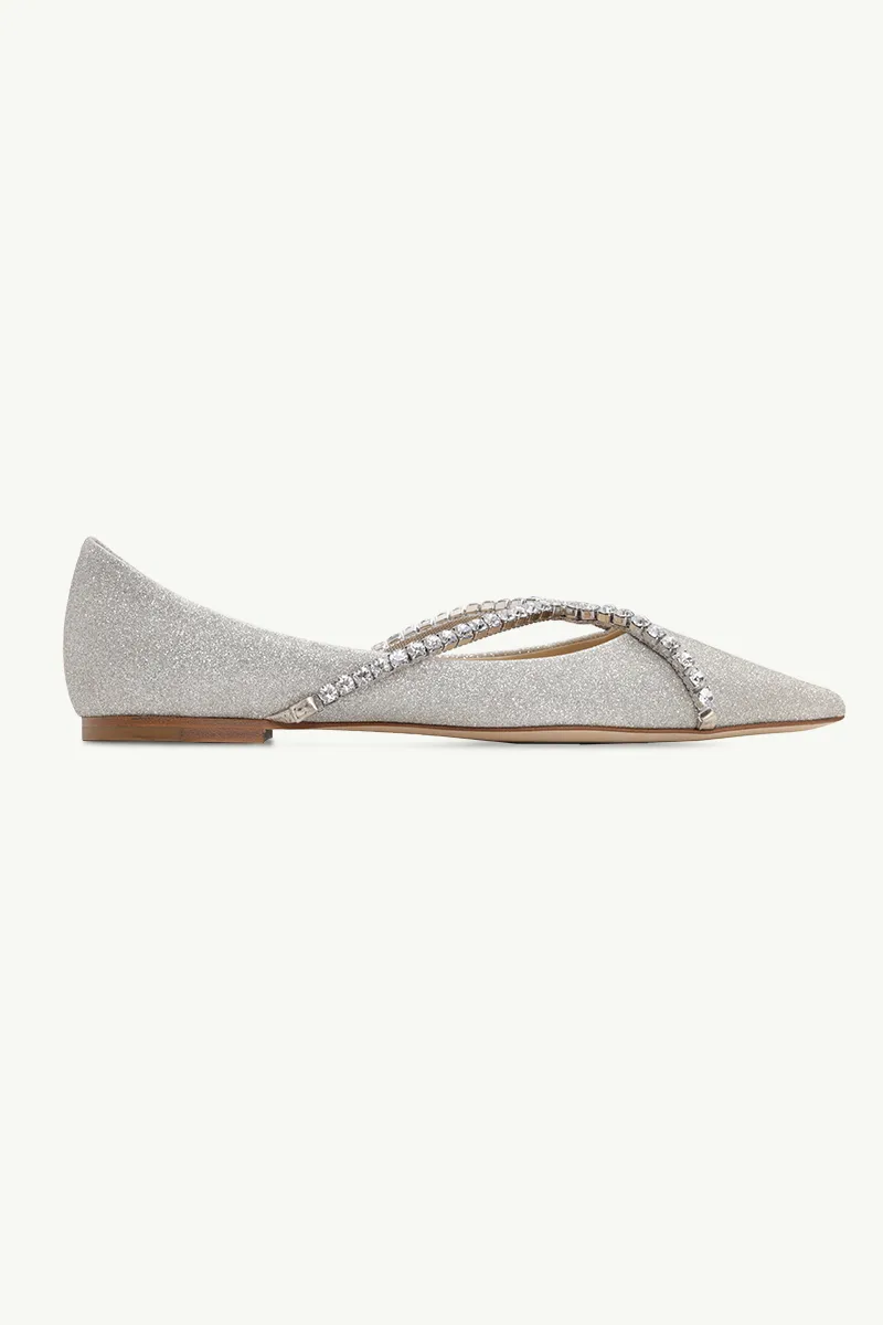 JIMMY CHOO Genevi Pointed-Toe Flat in Platinum Ice Dusty Glitter with Crystal Chain 0