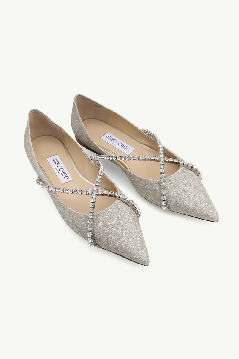 JIMMY CHOO Genevi Pointed-Toe Flat in Platinum Ice Dusty Glitter with Crystal Chain 1