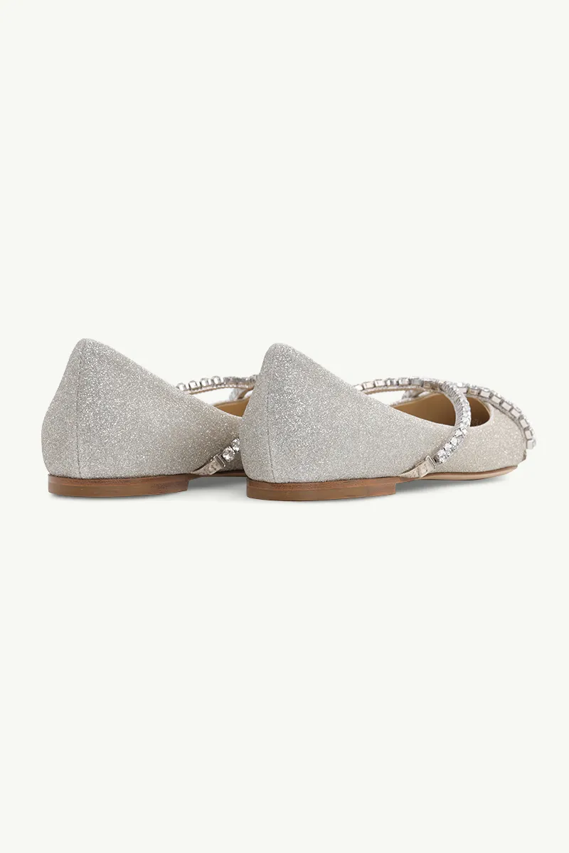 JIMMY CHOO Genevi Pointed-Toe Flat in Platinum Ice Dusty Glitter with Crystal Chain 2