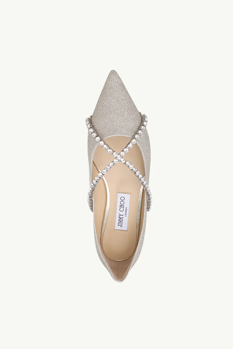 JIMMY CHOO Genevi Pointed-Toe Flat in Platinum Ice Dusty Glitter with Crystal Chain 3