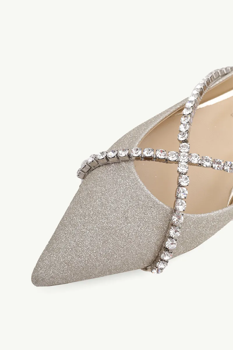 JIMMY CHOO Genevi Pointed-Toe Flat in Platinum Ice Dusty Glitter with Crystal Chain 4