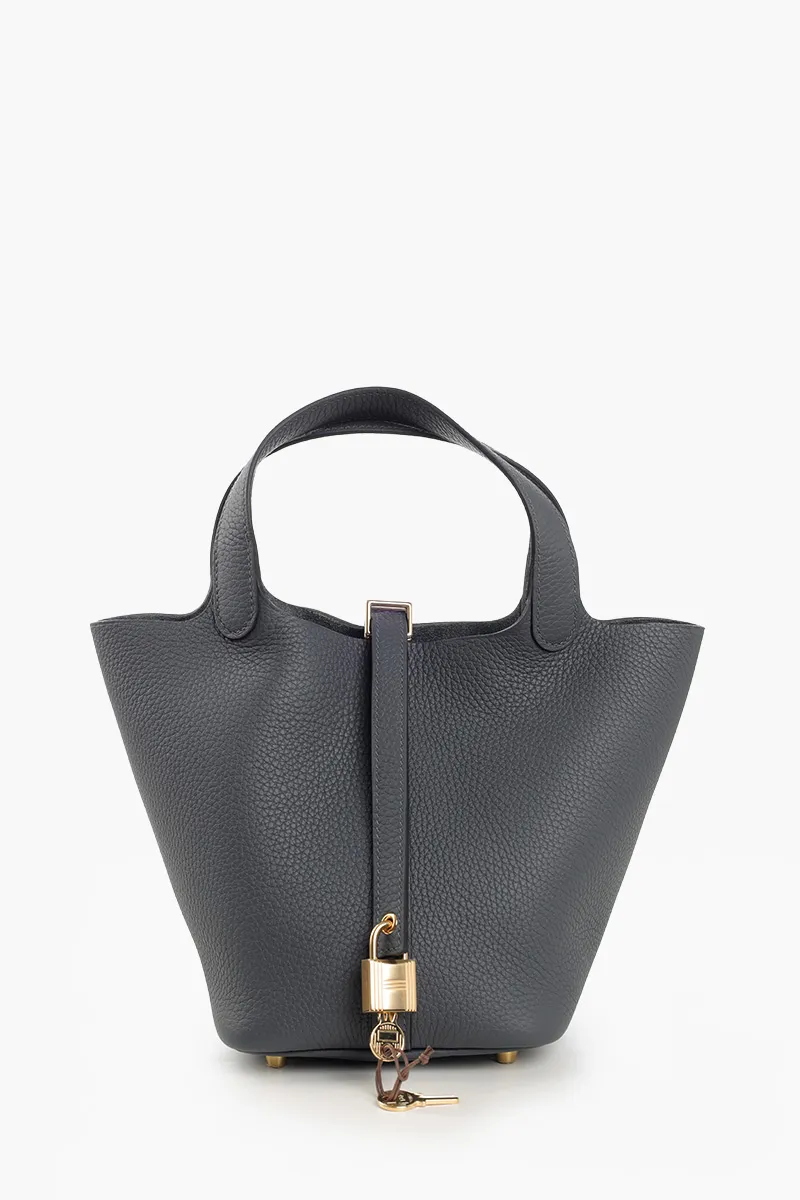 HERMÈS BNIB Picotin Lock 18 P 18 Bag in Grey Misty Taurillon Clemence Leather with Permabrass Hardware #K 0