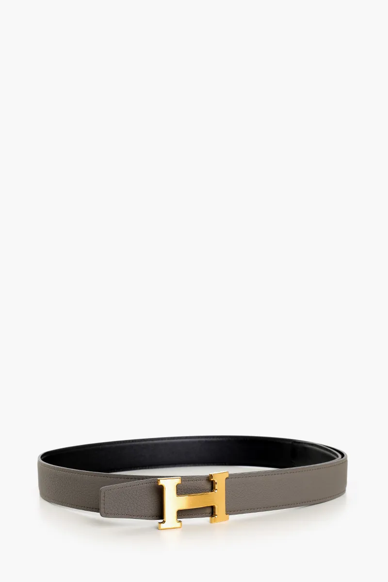 HERMÈS Reversible H Buckle Belt 32mm in Black/Tin Togo Calfskin GHW 1