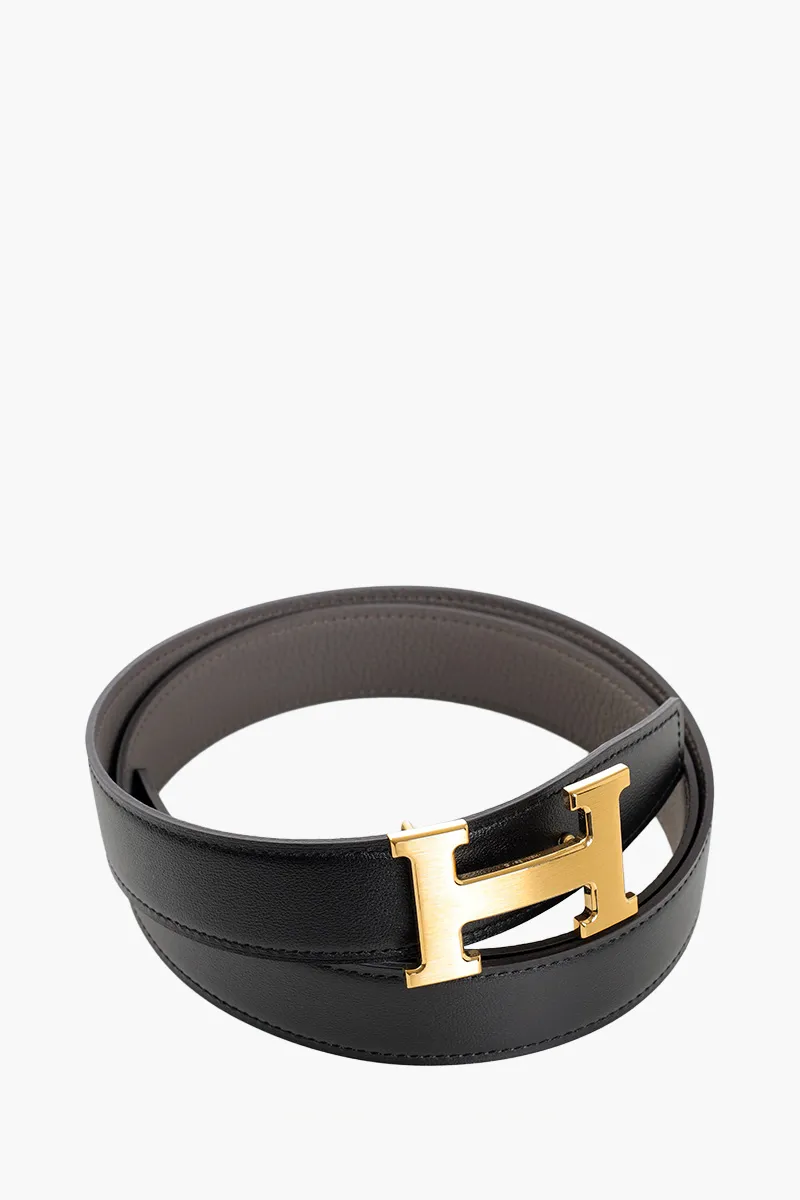 HERMÈS Reversible H Buckle Belt 32mm in Black/Tin Togo Calfskin GHW 2