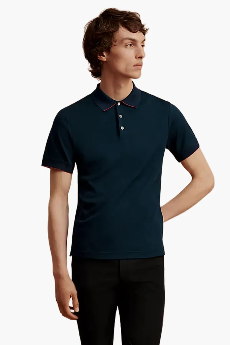 HERMÈS Men Double Jeu Technical Polo Shirt in Navy/Fire Polycotton 1