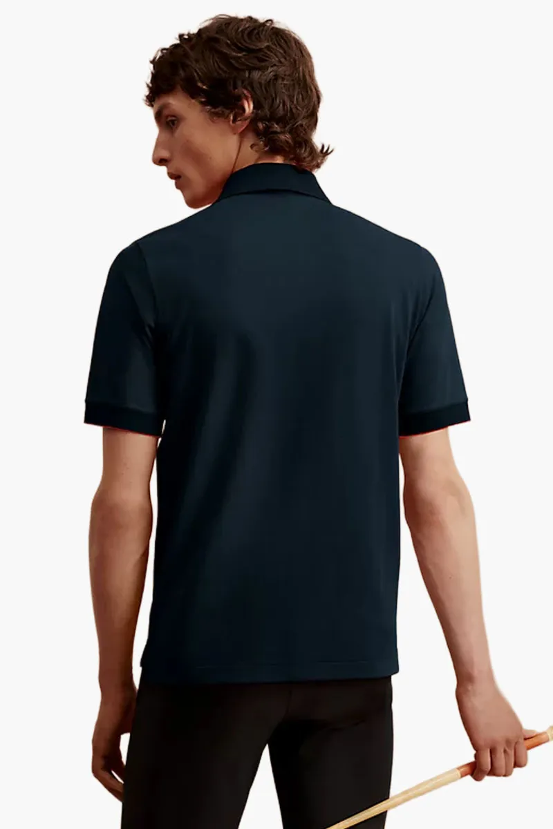 HERMÈS Men Double Jeu Technical Polo Shirt in Navy/Fire Polycotton 2