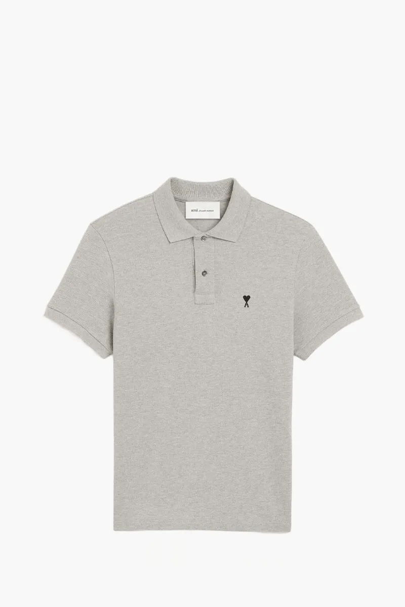 AMI Men De Coeur Short Sleeves Polo Shirt in Heather Ash Grey Cotton 0