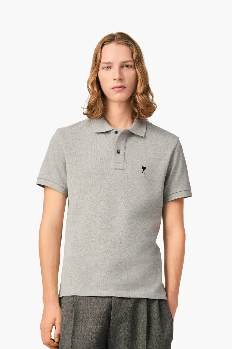 AMI Men De Coeur Short Sleeves Polo Shirt in Heather Ash Grey Cotton 1