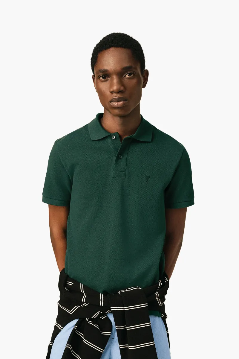 AMI Men De Coeur Short Sleeves Polo Shirt in Bottle Green/Black Cotton 1