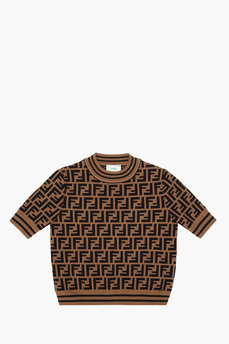 FENDI Kids Short Sleeved All Over Logo Knit Sweater in Brown/Black Viscose
 0