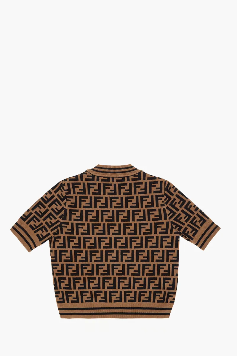 FENDI Kids Short Sleeved All Over Logo Knit Sweater in Brown/Black Viscose
 1