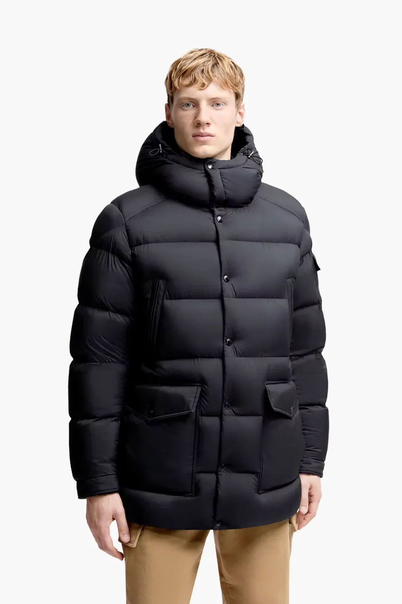MONCLER Men Bretagne Hooded Mid-Length Down Jacket in Navy Blue Nylon 1