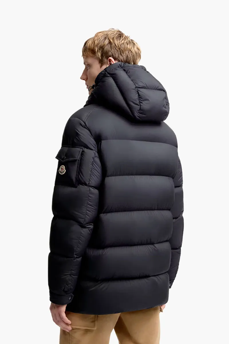 MONCLER Men Bretagne Hooded Mid-Length Down Jacket in Navy Blue Nylon 2