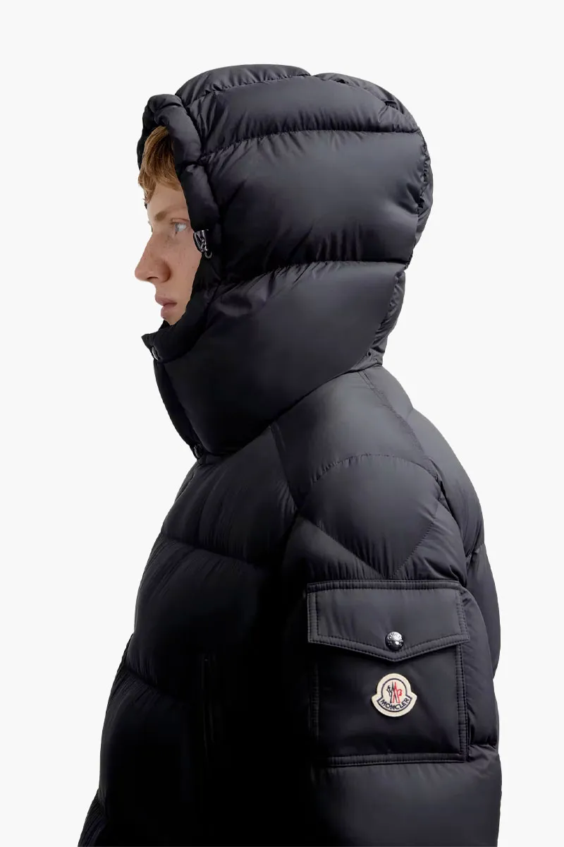 MONCLER Men Bretagne Hooded Mid-Length Down Jacket in Navy Blue Nylon 3