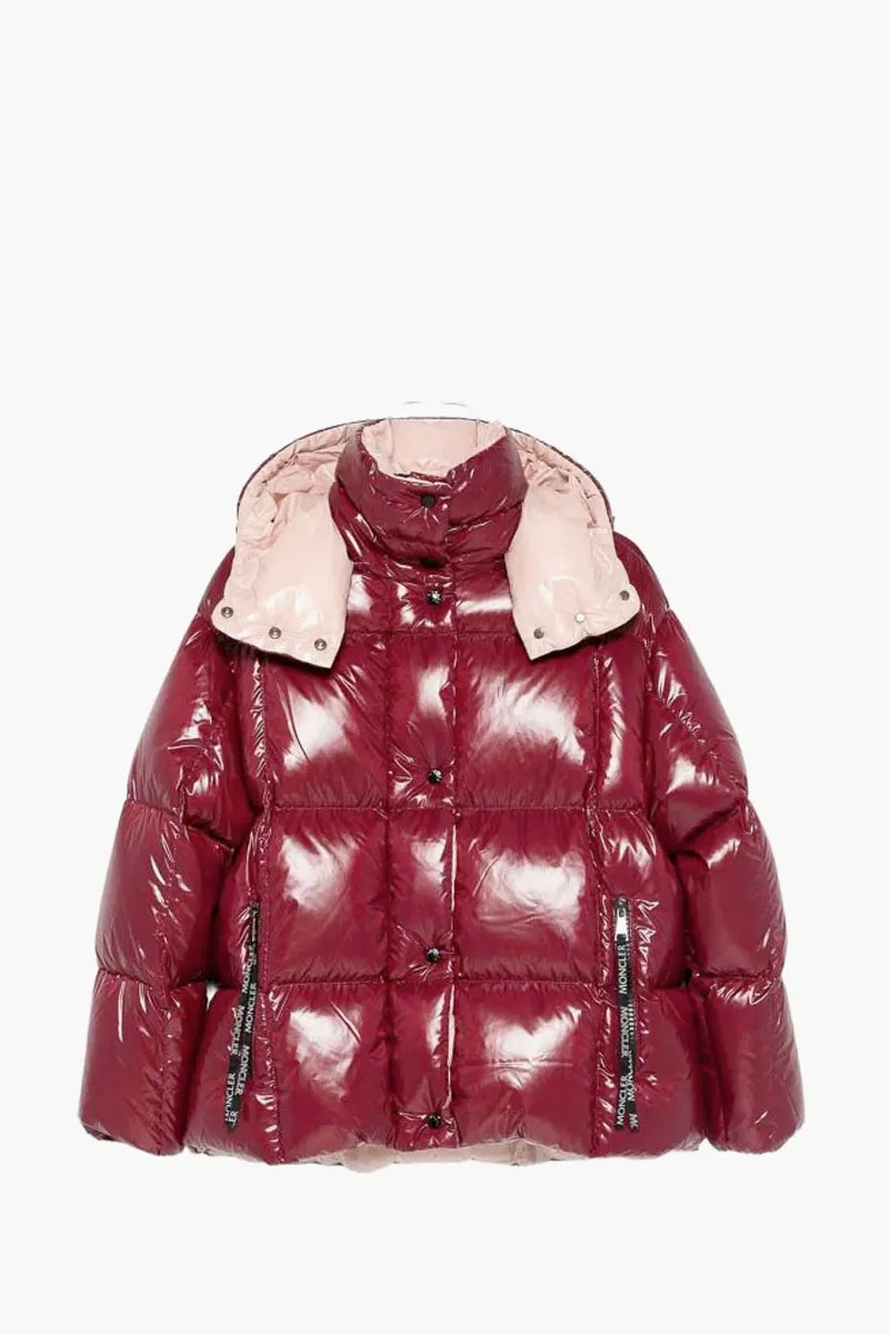 MONCLER Women Parana Short Down Jacket in Bordeaux Nylon with Hood 0