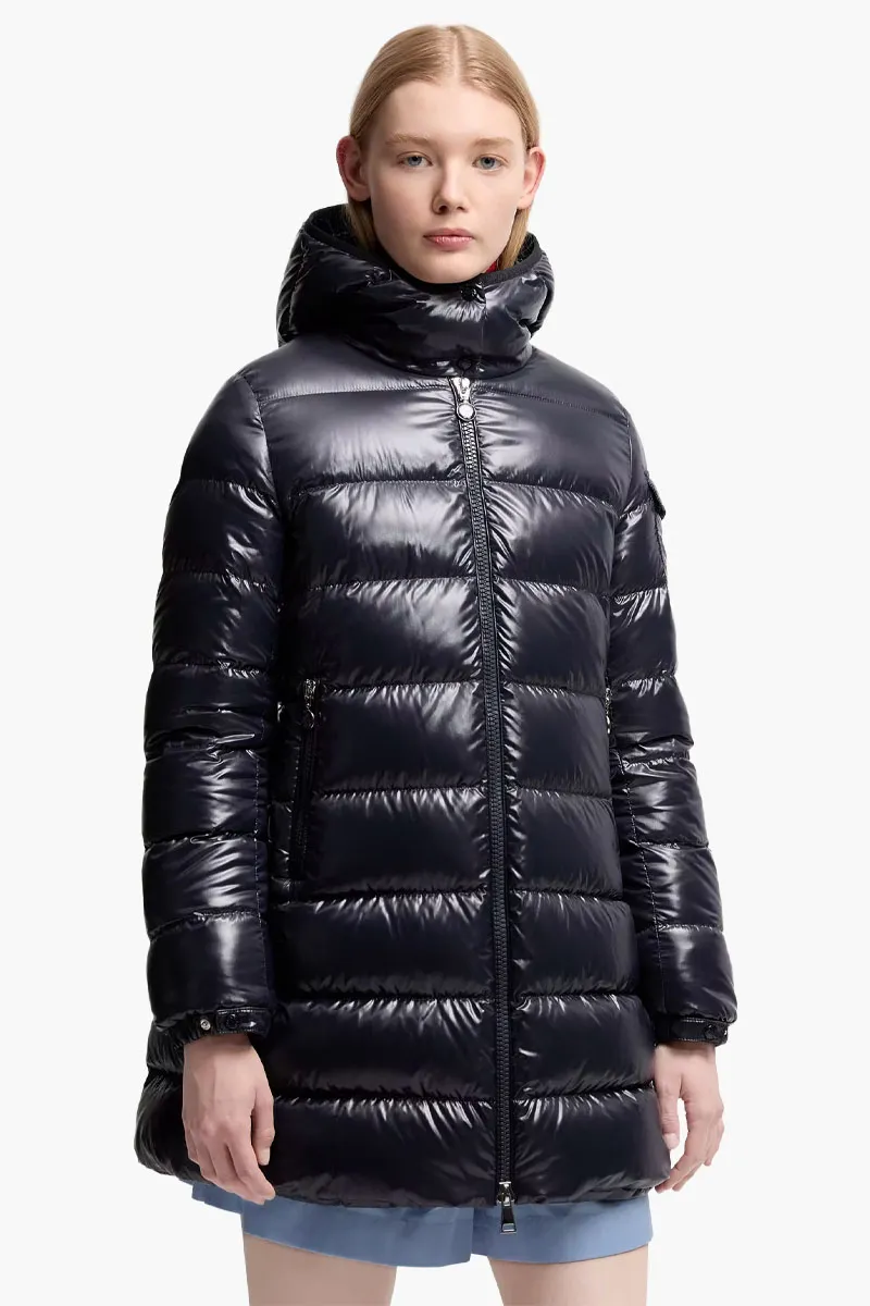 MONCLER Women Courcelles Mid-Lenght Down Jacket in Navy Blue with Hood 1