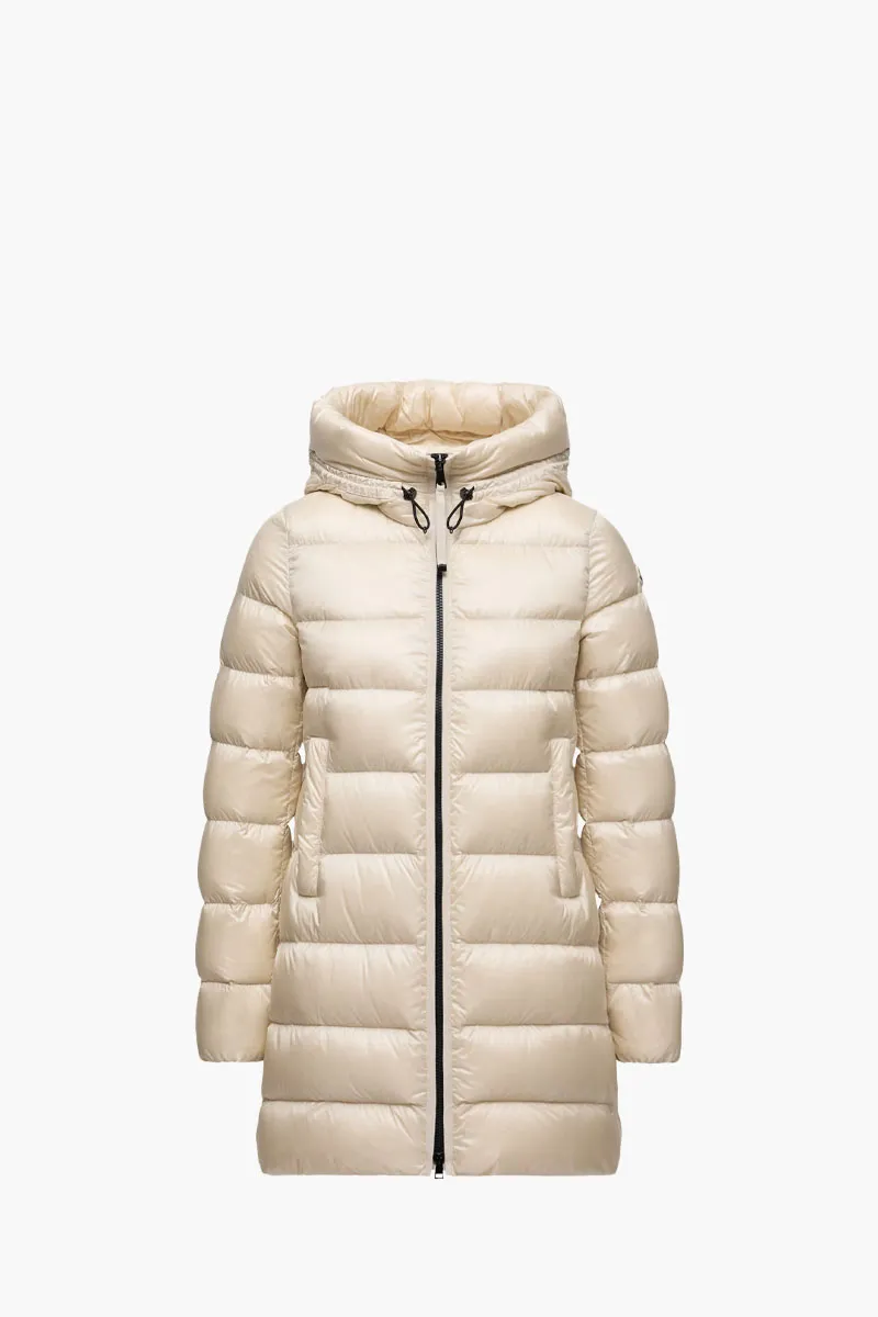 MONCLER Women Suyenne Hooded Mid-Length Down Jacket in Light Beige Nylon 0