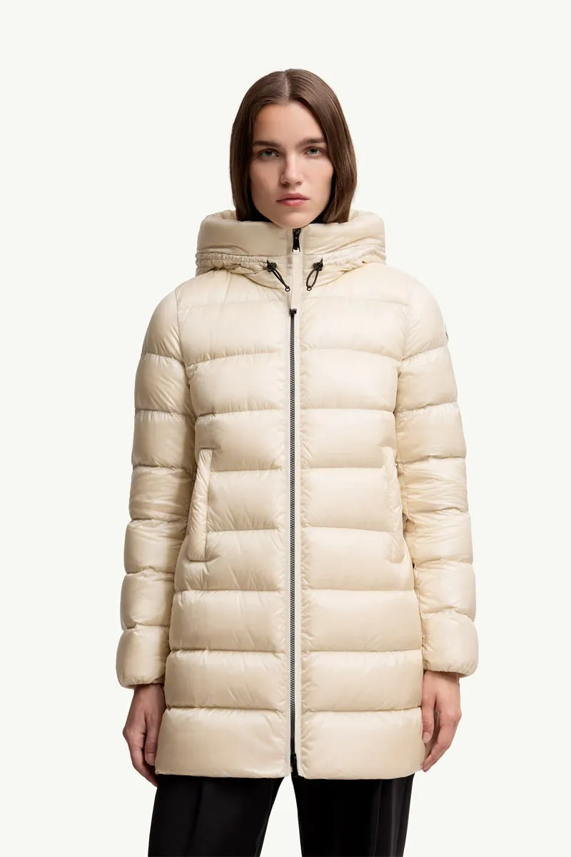 MONCLER Women Suyenne Hooded Mid-Length Down Jacket in Light Beige Nylon 1