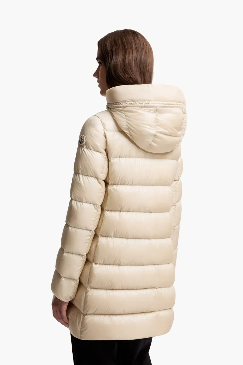 MONCLER Women Suyenne Hooded Mid-Length Down Jacket in Light Beige Nylon 2