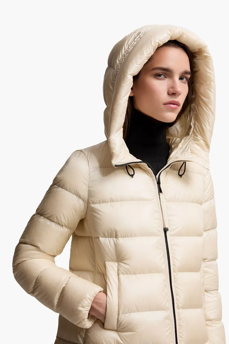 MONCLER Women Suyenne Hooded Mid-Length Down Jacket in Light Beige Nylon 3