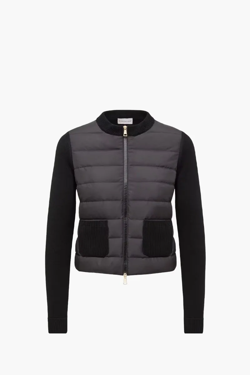 MONCLER Women Padded Knit Pockets Zip-Up Cardigan in Black Nylon and Wool 0