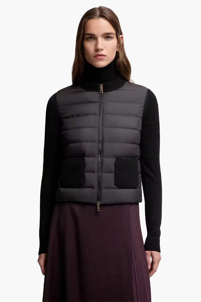 MONCLER Women Padded Knit Pockets Zip-Up Cardigan in Black Nylon and Wool 1