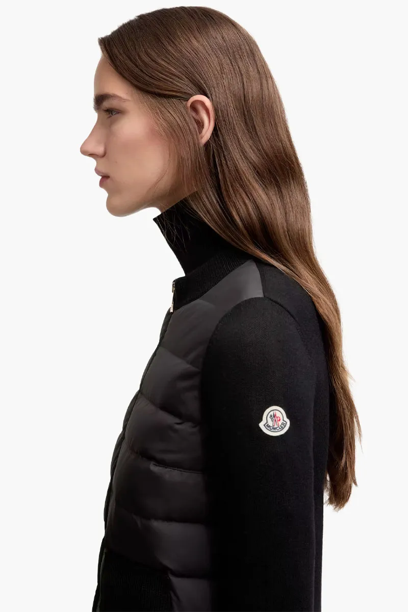 MONCLER Women Padded Knit Pockets Zip-Up Cardigan in Black Nylon and Wool 3