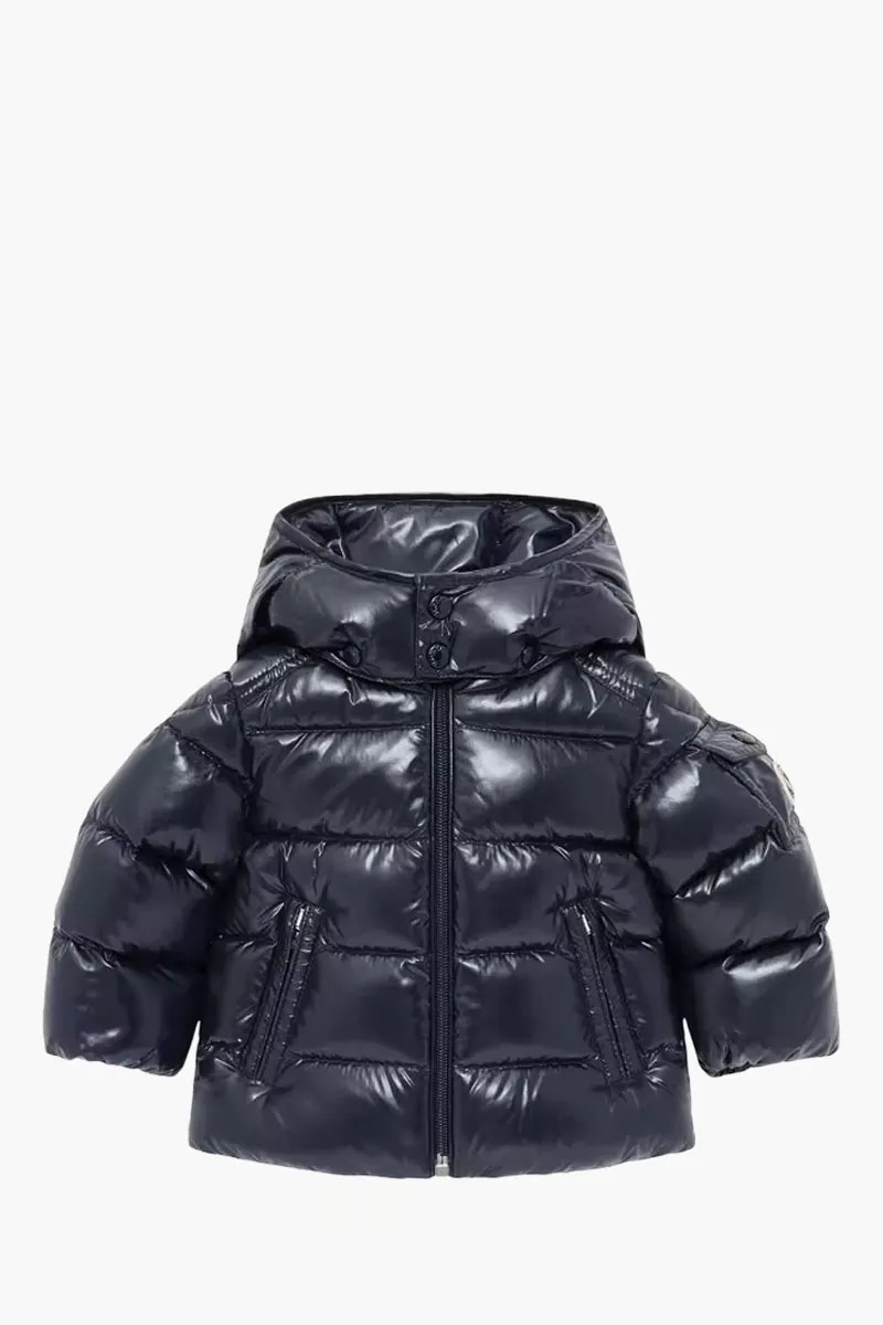 MONCLER Baby Maya Hooded Down Jacket in Navy Blue Nylon Laqué 0