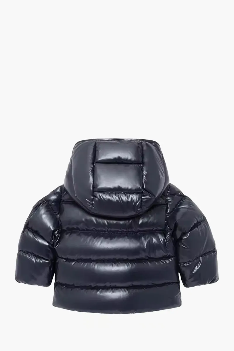 MONCLER Baby Maya Hooded Down Jacket in Navy Blue Nylon Laqué 1