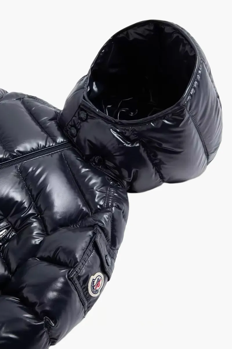 MONCLER Baby Maya Hooded Down Jacket in Navy Blue Nylon Laqué 2