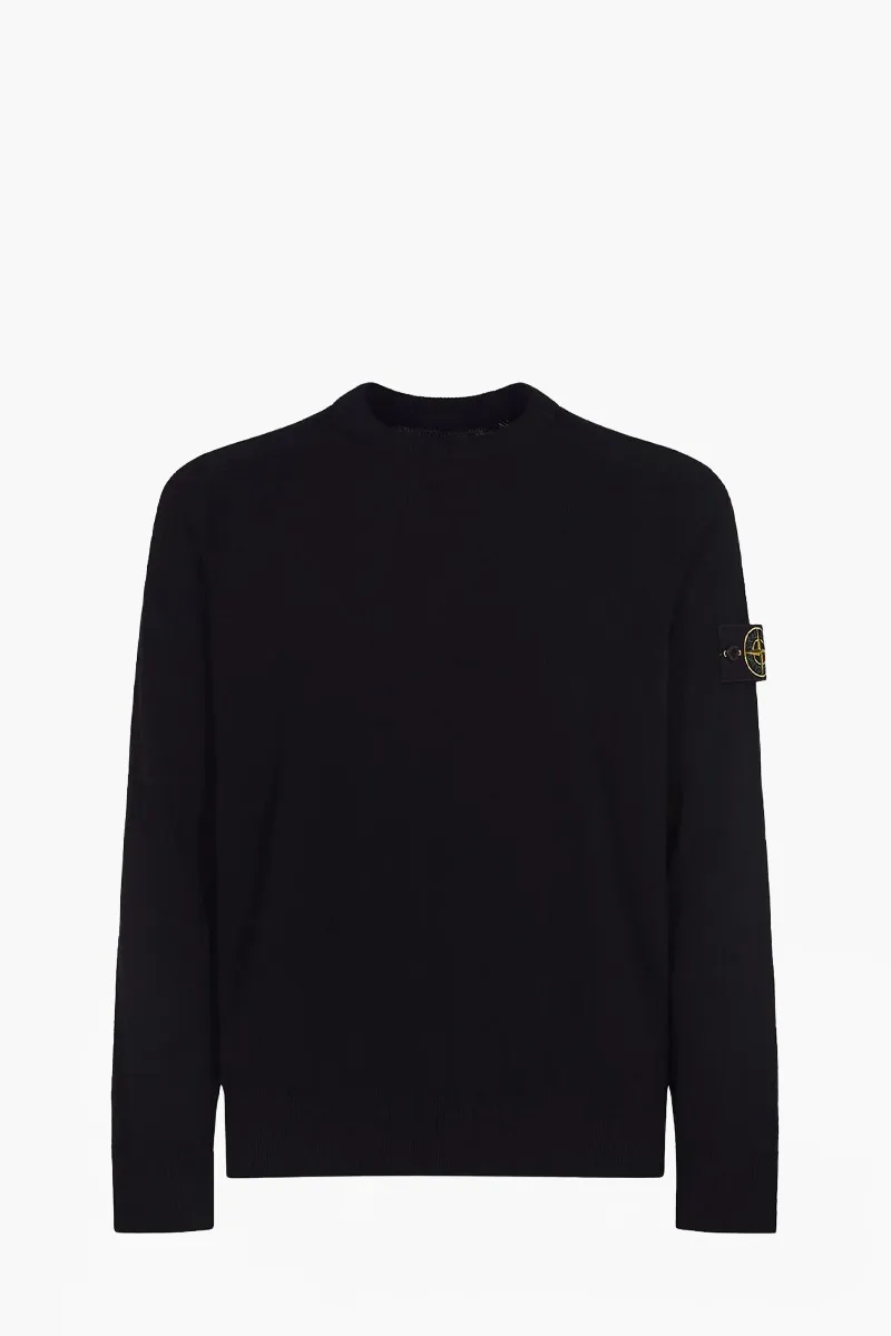STONE ISLAND Men Logo Ribbed Bands Crewneck Sweater in Black Lightweight Wool 0