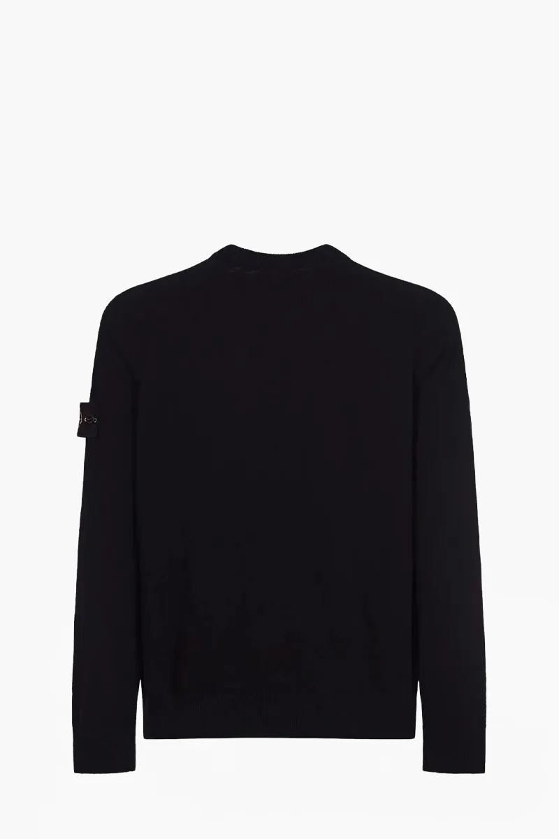 STONE ISLAND Men Logo Ribbed Bands Crewneck Sweater in Black Lightweight Wool 1