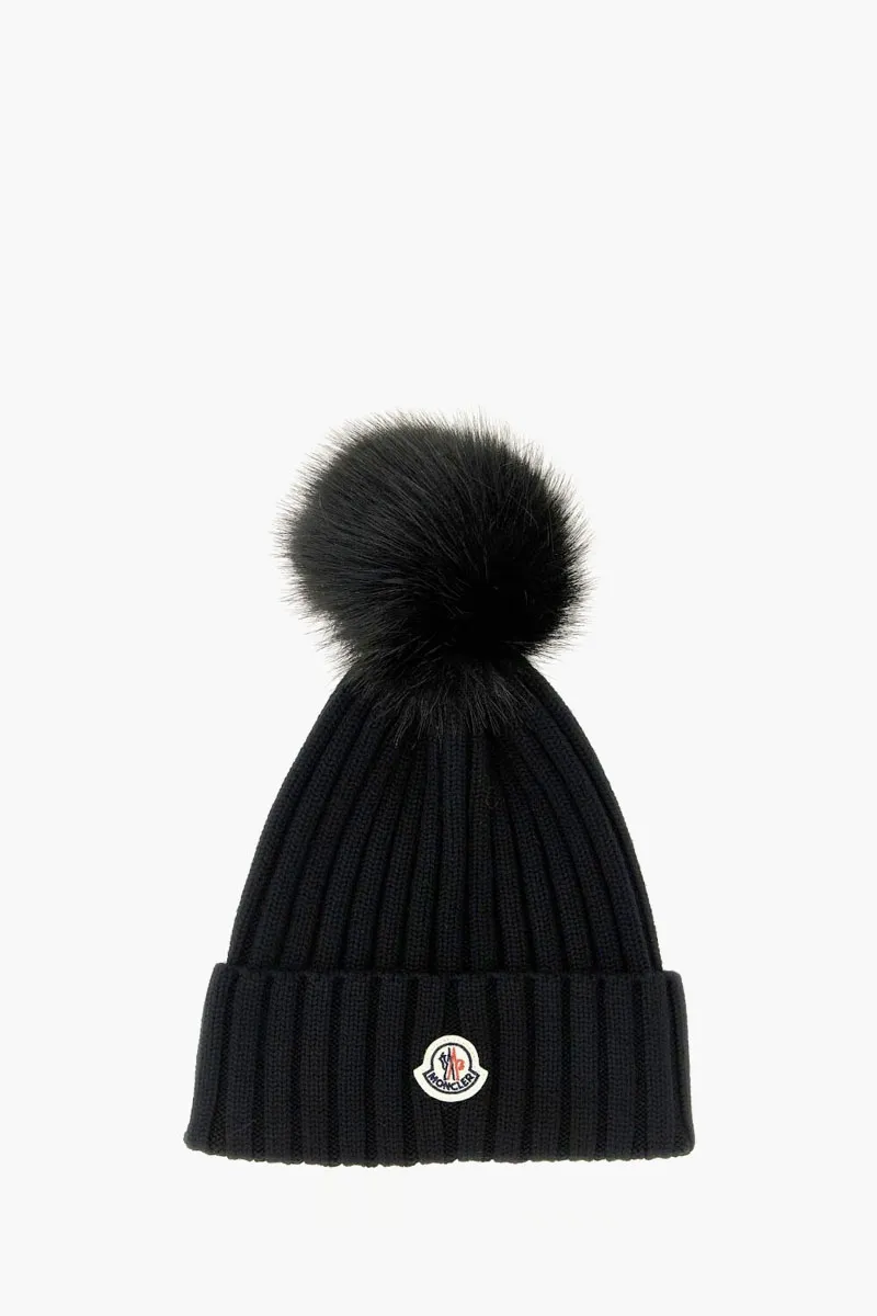 MONCLER Women Logo Patch Pom Pom Knitted Beanie in Black Wool 0