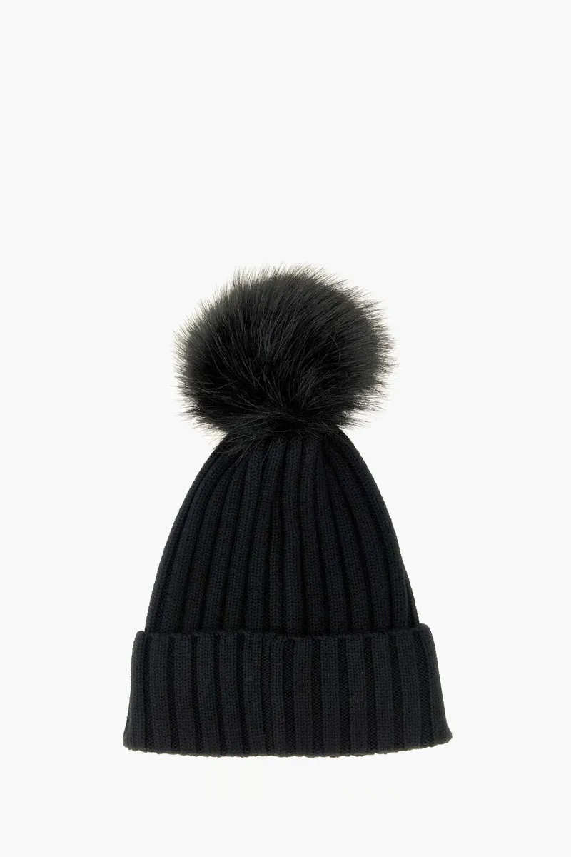 MONCLER Women Logo Patch Pom Pom Knitted Beanie in Black Wool 1