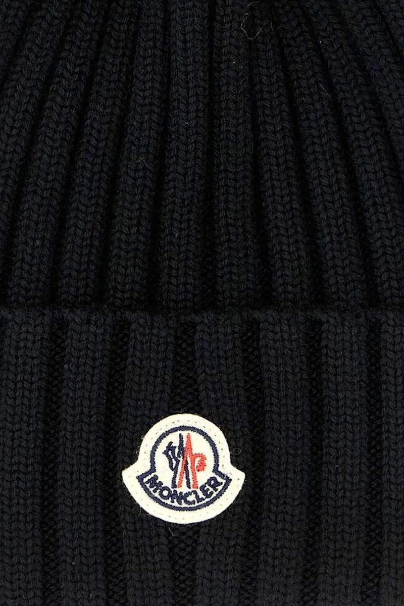 MONCLER Women Logo Patch Pom Pom Knitted Beanie in Black Wool 2