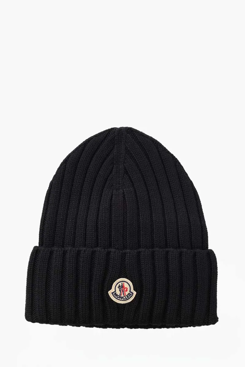 MONCLER Logo Patch Beanie in Black Virgin Wool 0