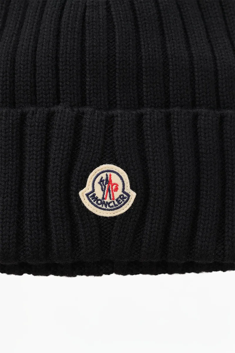 MONCLER Logo Patch Beanie in Black Virgin Wool 2