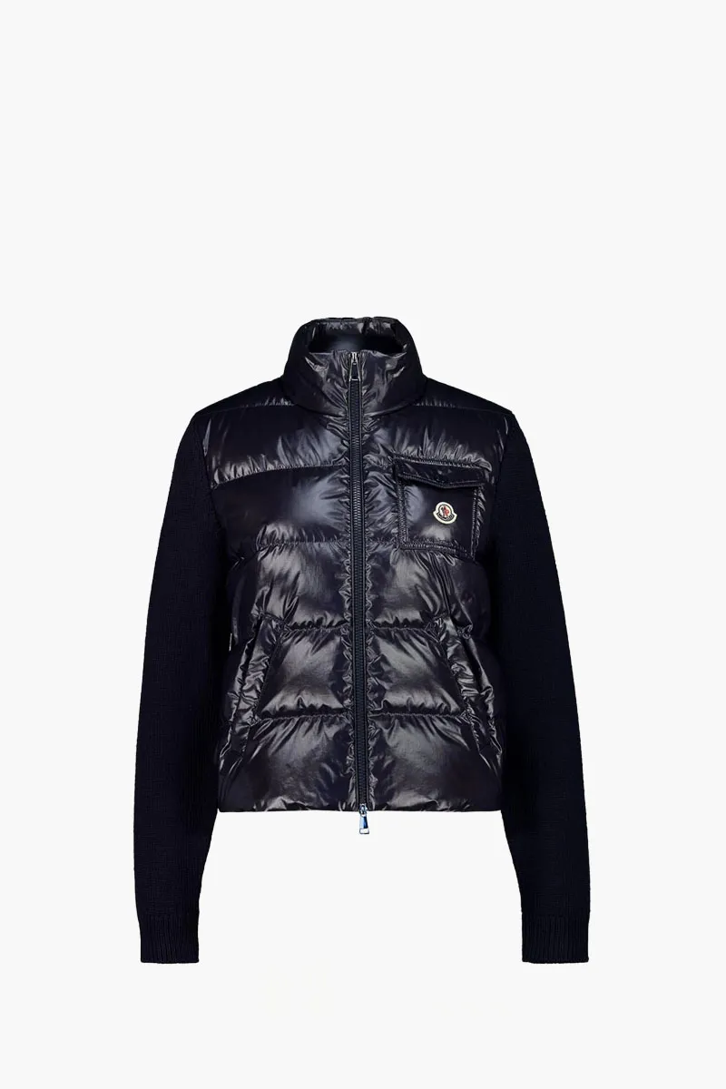 MONCLER Women Padded Zip-Up Cardigan in Navy Quilted Wool with Buttoned Pockets 0