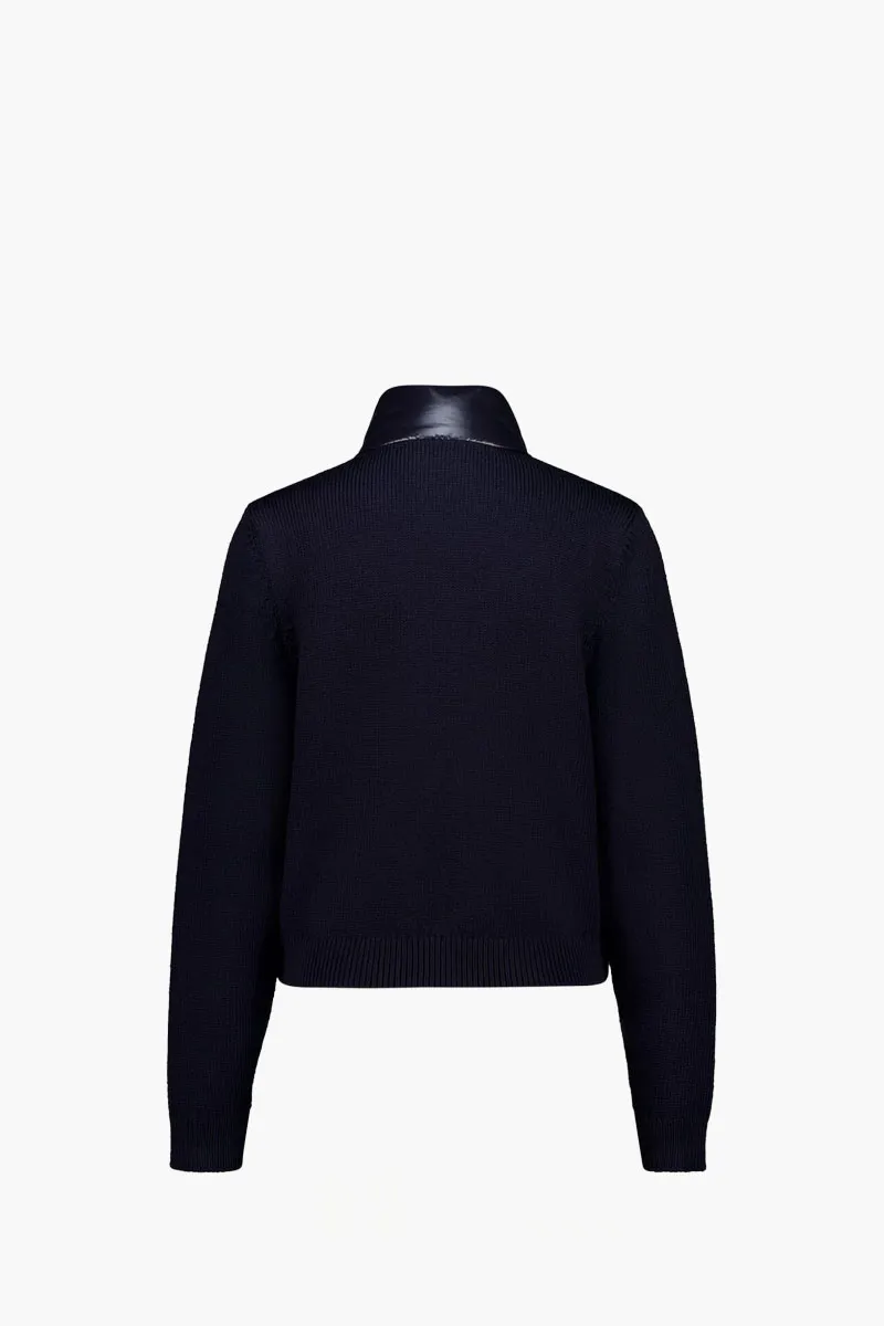 MONCLER Women Padded Zip-Up Cardigan in Navy Quilted Wool with Buttoned Pockets 1