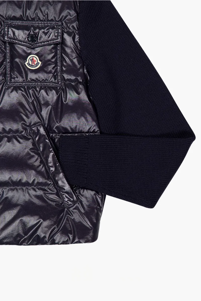 MONCLER Women Padded Zip-Up Cardigan in Navy Quilted Wool with Buttoned Pockets 2