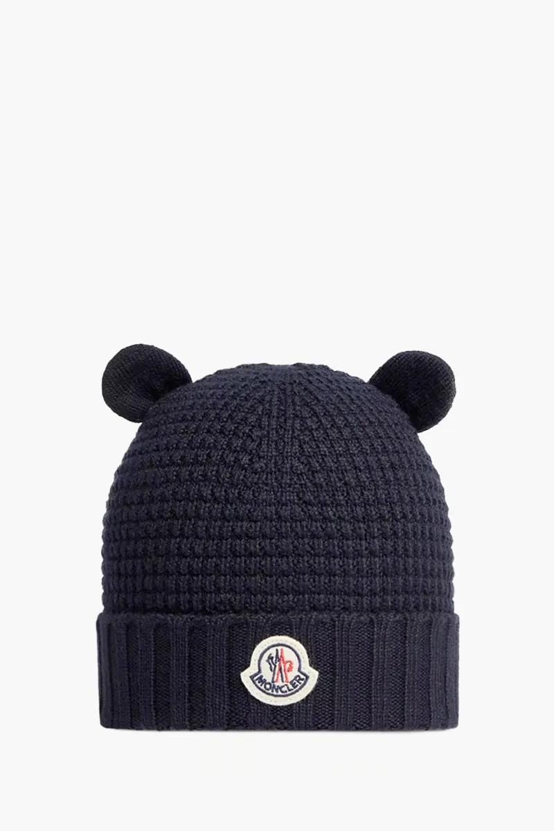 MONCLER Baby Logo Patch Teddy Bear Ears Waffle Knit Beanie in Navy Blue Wool 0