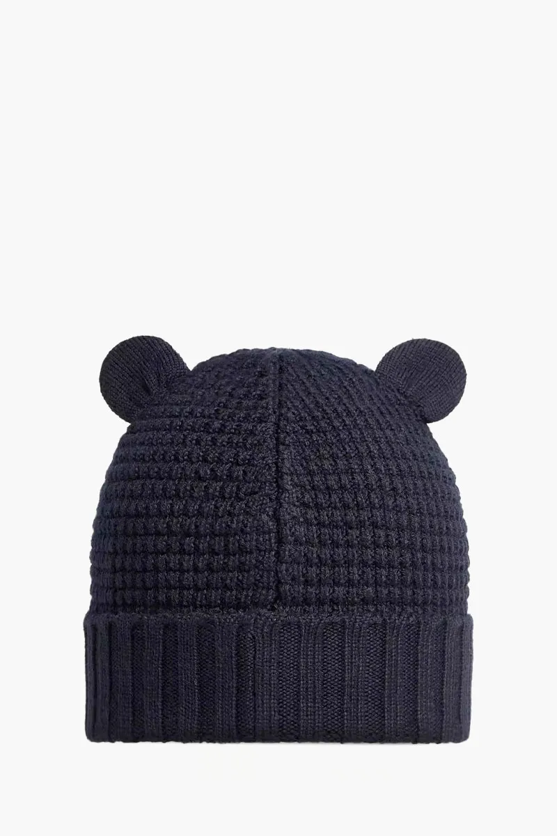 MONCLER Baby Logo Patch Teddy Bear Ears Waffle Knit Beanie in Navy Blue Wool 1