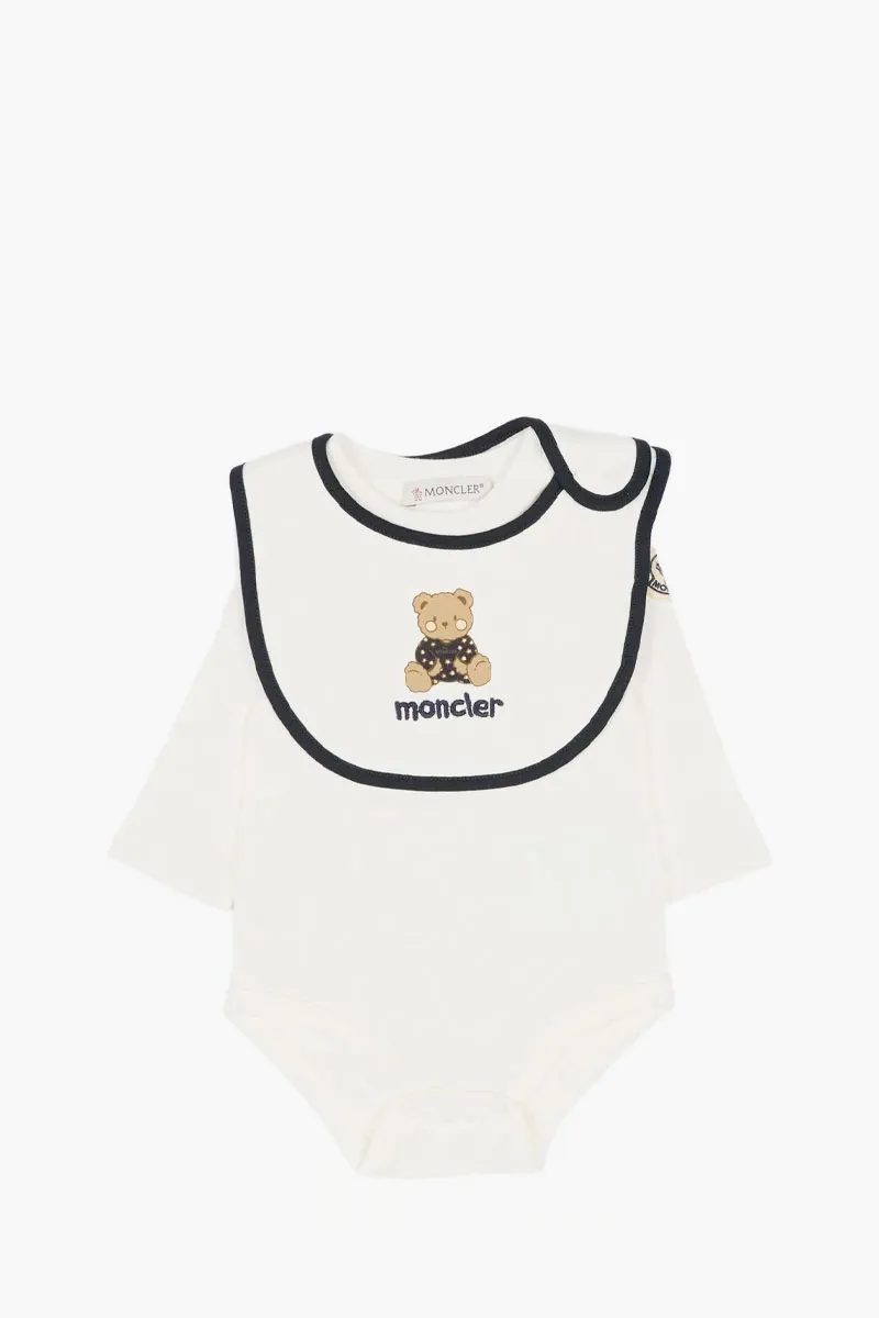 MONCLER Baby Teddy Bear Logo Set in White Cotton with Gift Box 0