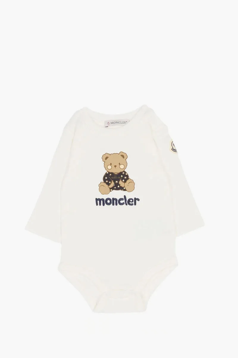 MONCLER Baby Teddy Bear Logo Set in White Cotton with Gift Box 1