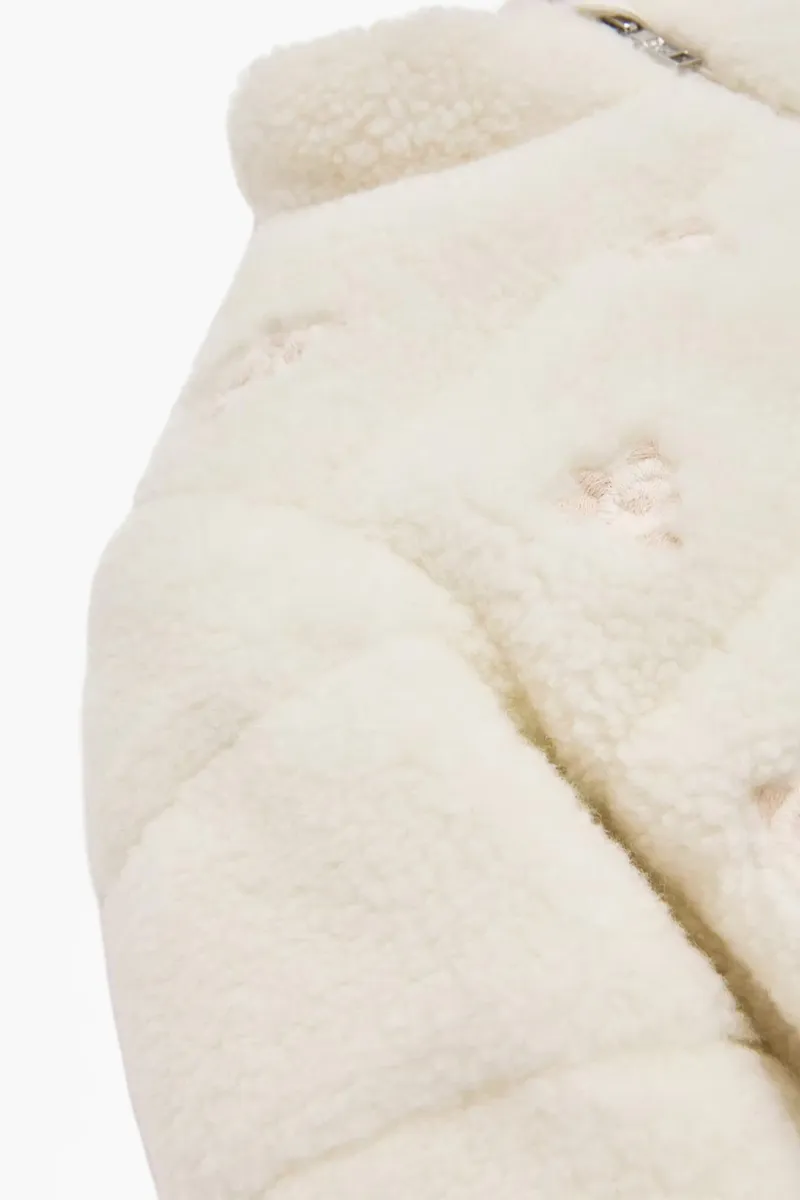MONCLER Children Chiara Embroidered Teddy Quilted Jacket in Ivory Nylon 2